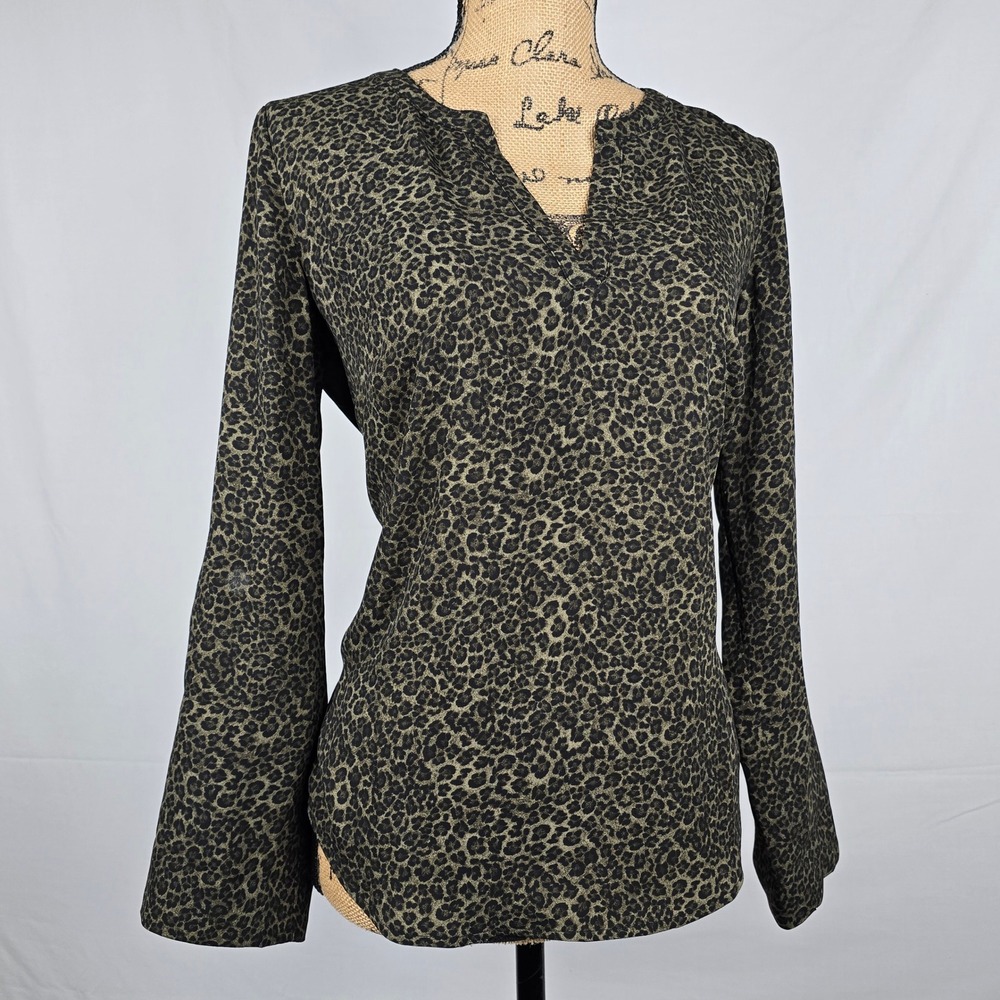 Michael Michael Kors Leopard‎ Print Split Neck Blouse Olive Green Black Small